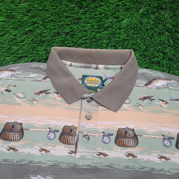 VTG 90s Cabelas Fishing AOP Polo Shirt Mens XXL (Tagged XL) Boxy Fit - Picture 2 of 8